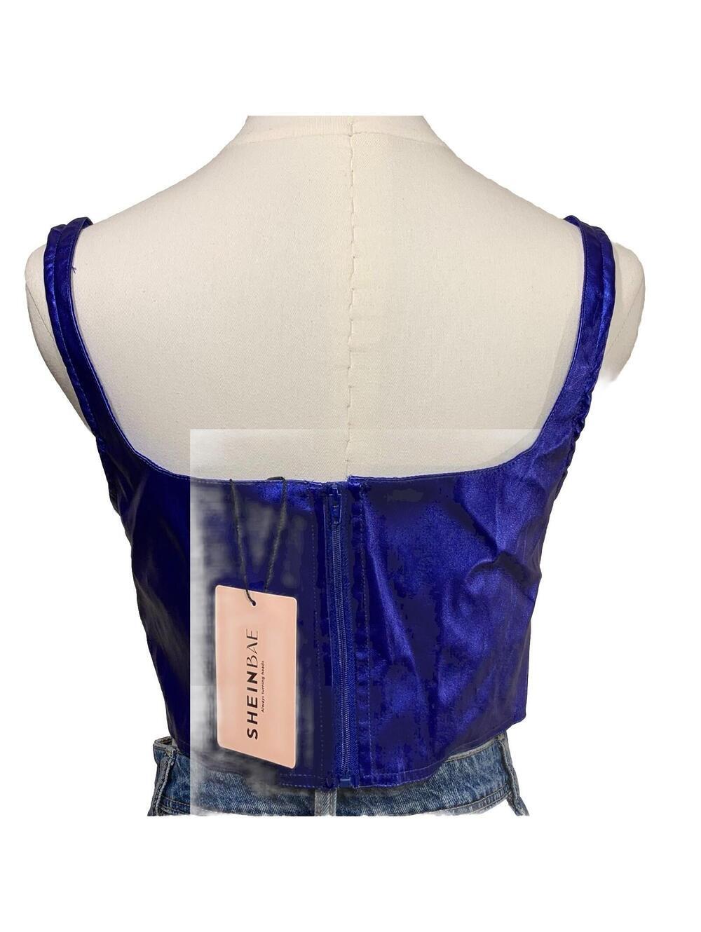 SHEIN BAE Corset Top Womens Small Blue Metallic Square Neck Boned Bustier NWT - Picture 4 of 8